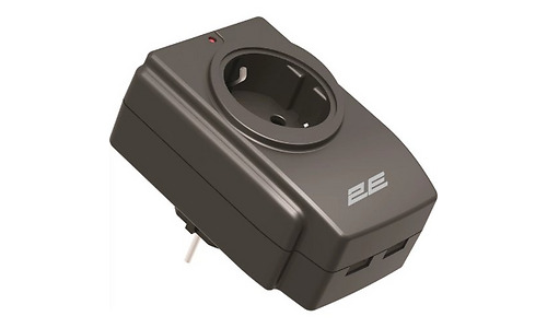 2E Power adapter with surge protection, 1xTypeF, 16A, 2xUSB-A, black