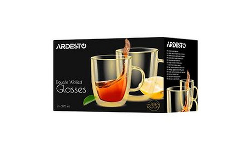 Ardesto Doublewall mug set with handles Golden Moon, 270ml, 2pcs, borosilicate glass, golden
