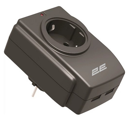 2E Power adapter with surge protection, 1xTypeF, 16A, 2xUSB-A, black