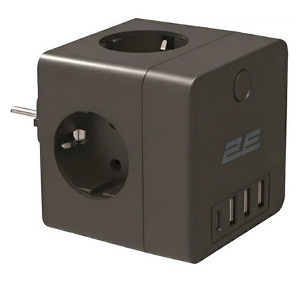 2E Power adapter with surge protection, 3xTypeF, 16A, 2xUSB-A, 1x USB-C, black