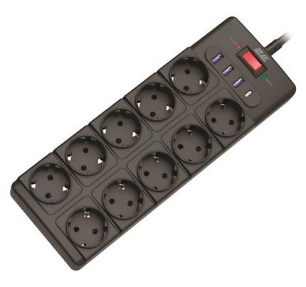 2E Power strip with surge protection, 3m, 10xTypeF, 16A, 3xUSB-A, 1xUSB-C, black