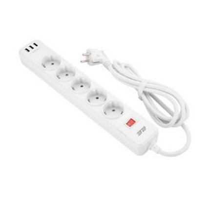 2Е Power strip with surge protector 5xType F, 3x1.5mm2, 16A, 3xUSB-A, 2m, white