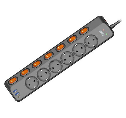 2E Power strip with surge protection, 3m, 6xTypeF, 16A, 2xUSB-A, 1xUSB-C, black