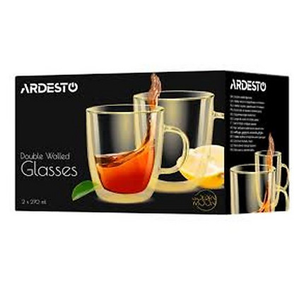 Ardesto Doublewall mug set with handles Golden Moon, 270ml, 2pcs, borosilicate glass, golden