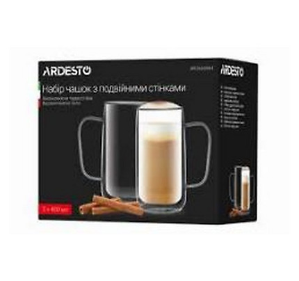 Ardesto Double wall mug set with handles, 400ml, 2pcs, borosilicate glass, transparent