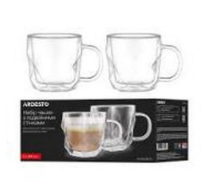 Ardesto Double wall mug set with handle, 450ml, 2pcs, borosilicate glass, transparent